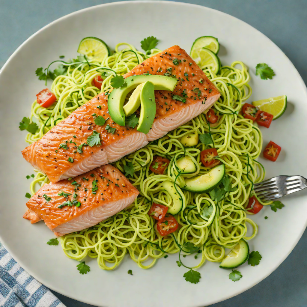Pan-Roasted Salmon with Avocado-Cilantro Sauce and Zucchini Noodles
