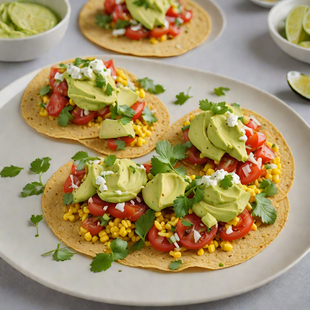Tomato and Corn Tostadas with Avocado Crema