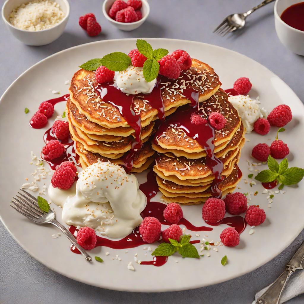 Lamington Pancakes with Raspberry Sauce and Coconut Cream