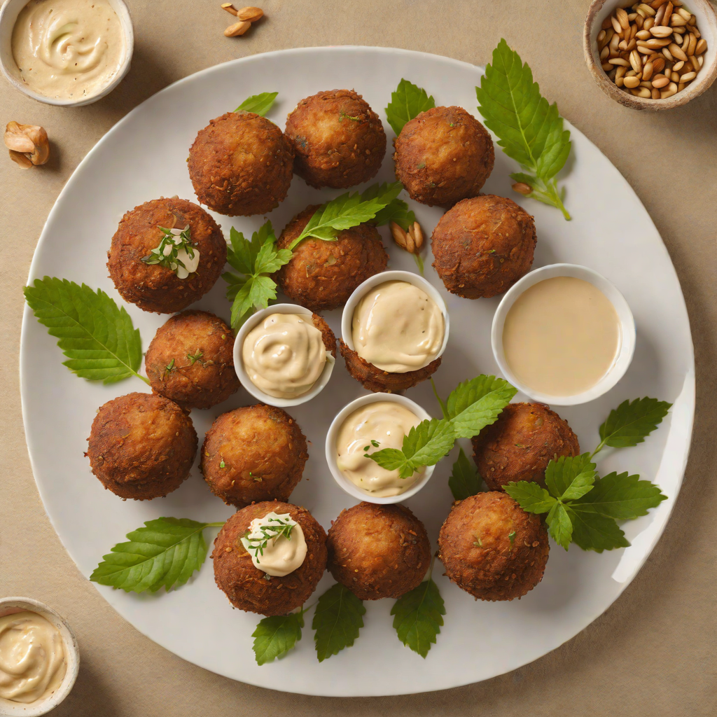 Fried Kibbeh Balls with Pine Nut Filling and Tahini Dip