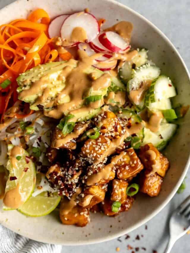 Sesame-Ginger Tofu Noodle Bowls with Crispy Veggies