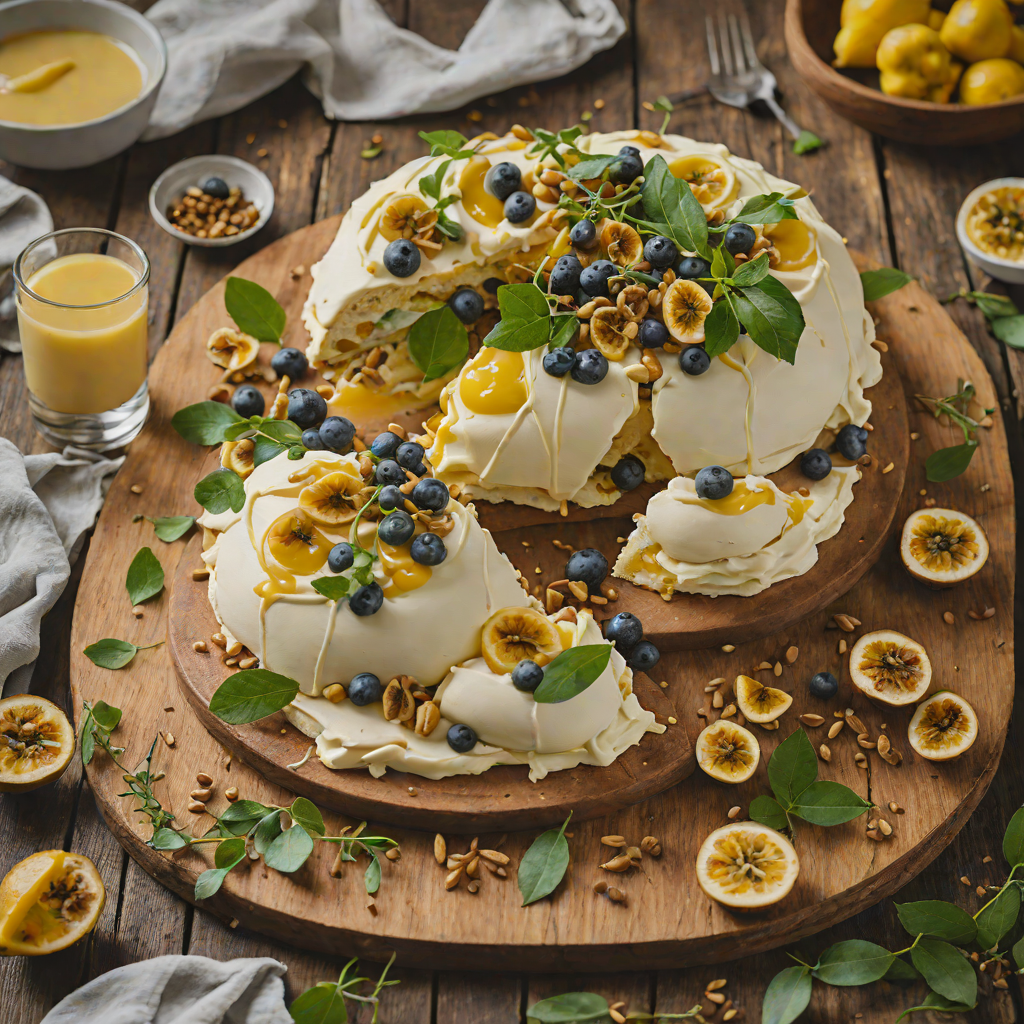 Eucalyptus-Infused Pavlova with Macadamia Cream and Passionfruit