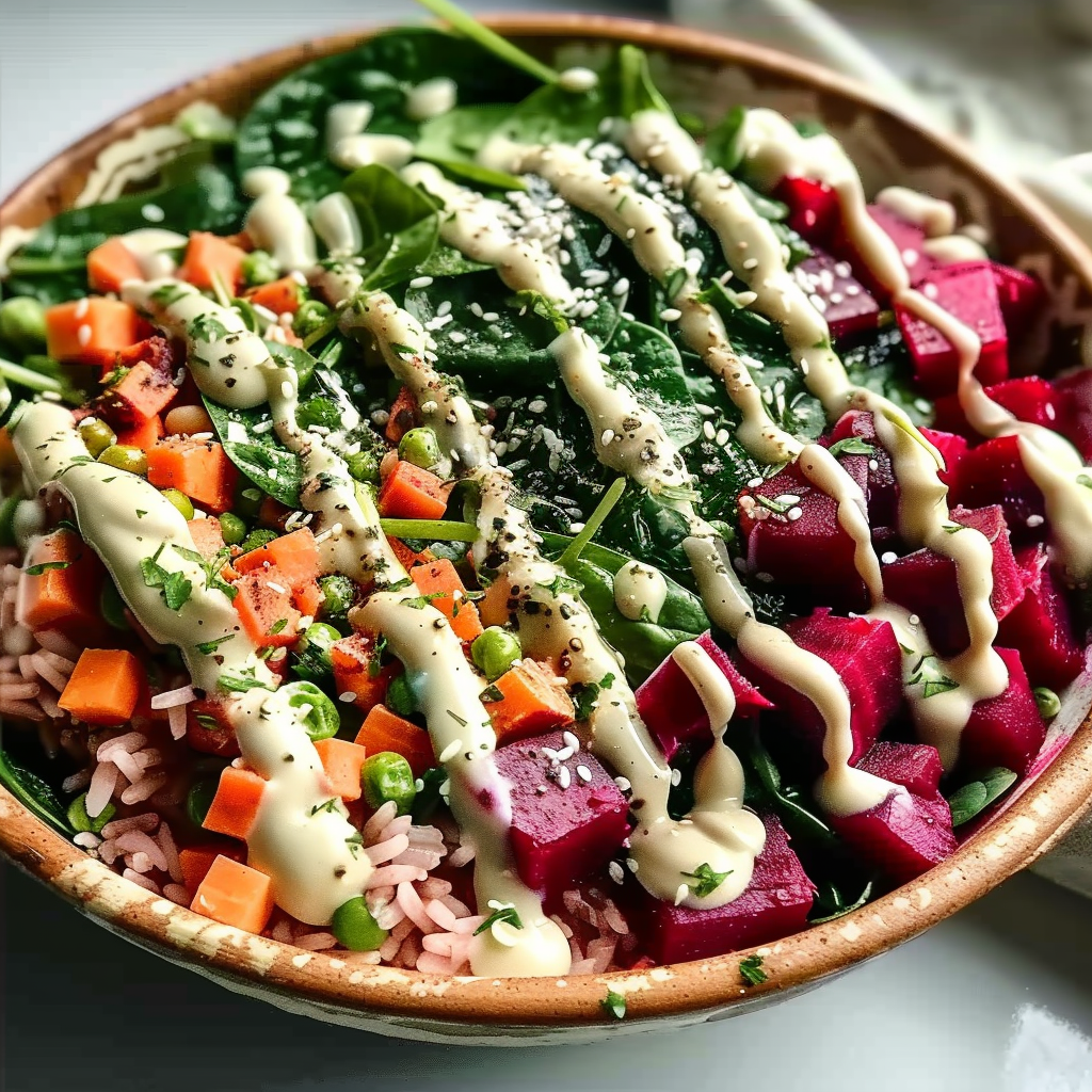 Sautéed Garlic and Spinach Rice Bowl with Lemon Tahini Dressing