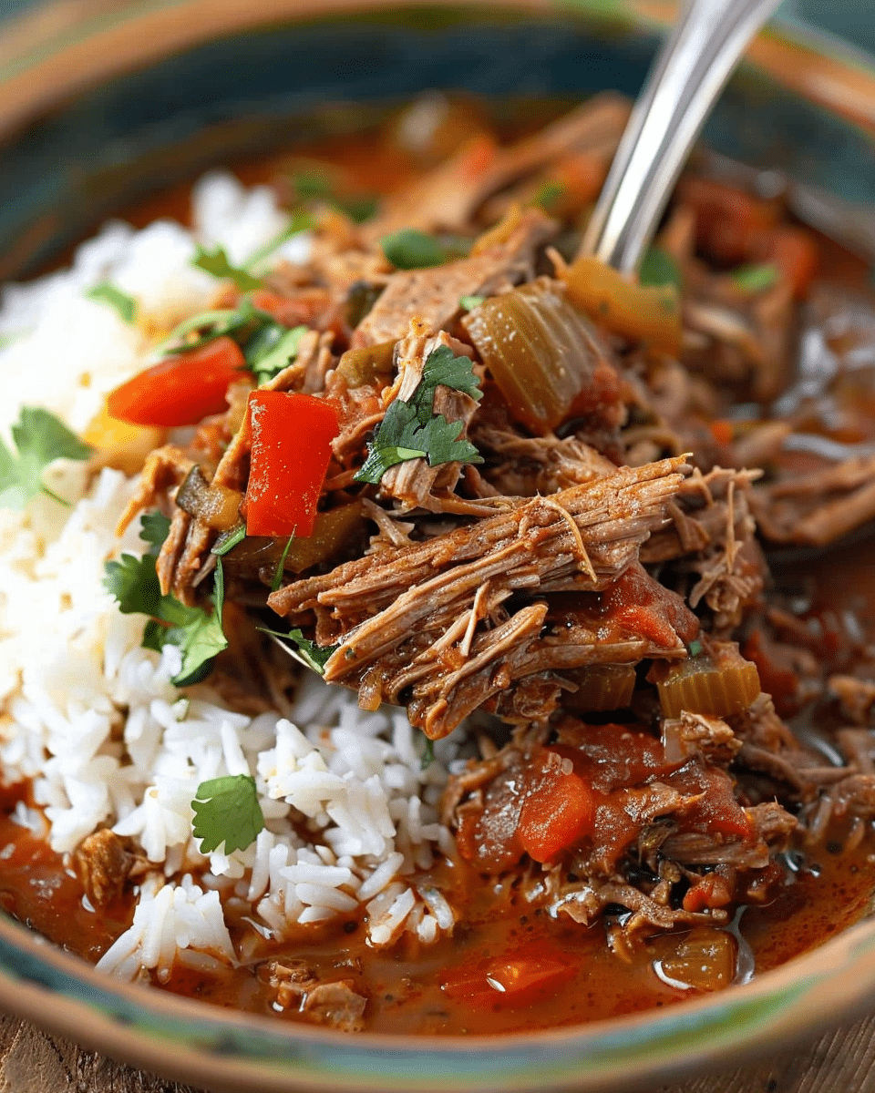 Slow-Cooked Beef Ropa Vieja with Bell Peppers and Tomato