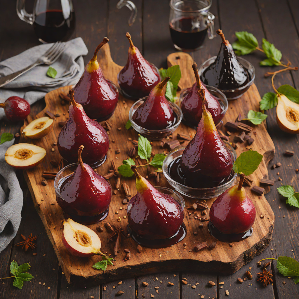 Spiced Red Wine and Dark Chocolate Poached Pears