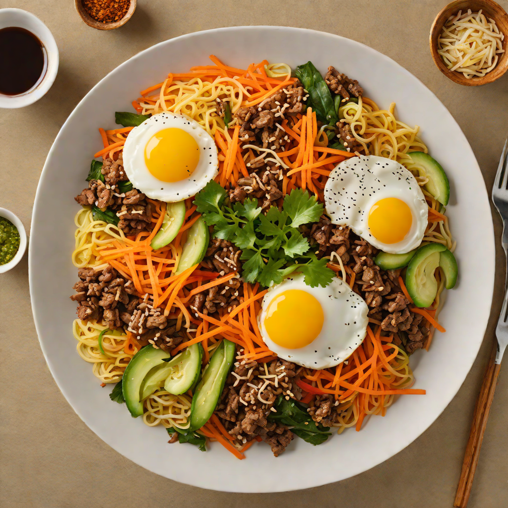 Crisp Korean Bibimbap with Spiced Ground Beef and Julienned Vegetables