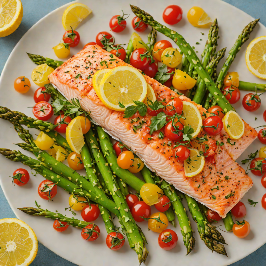 Lemon-Garlic Roasted Salmon with Asparagus and Cherry Tomatoes