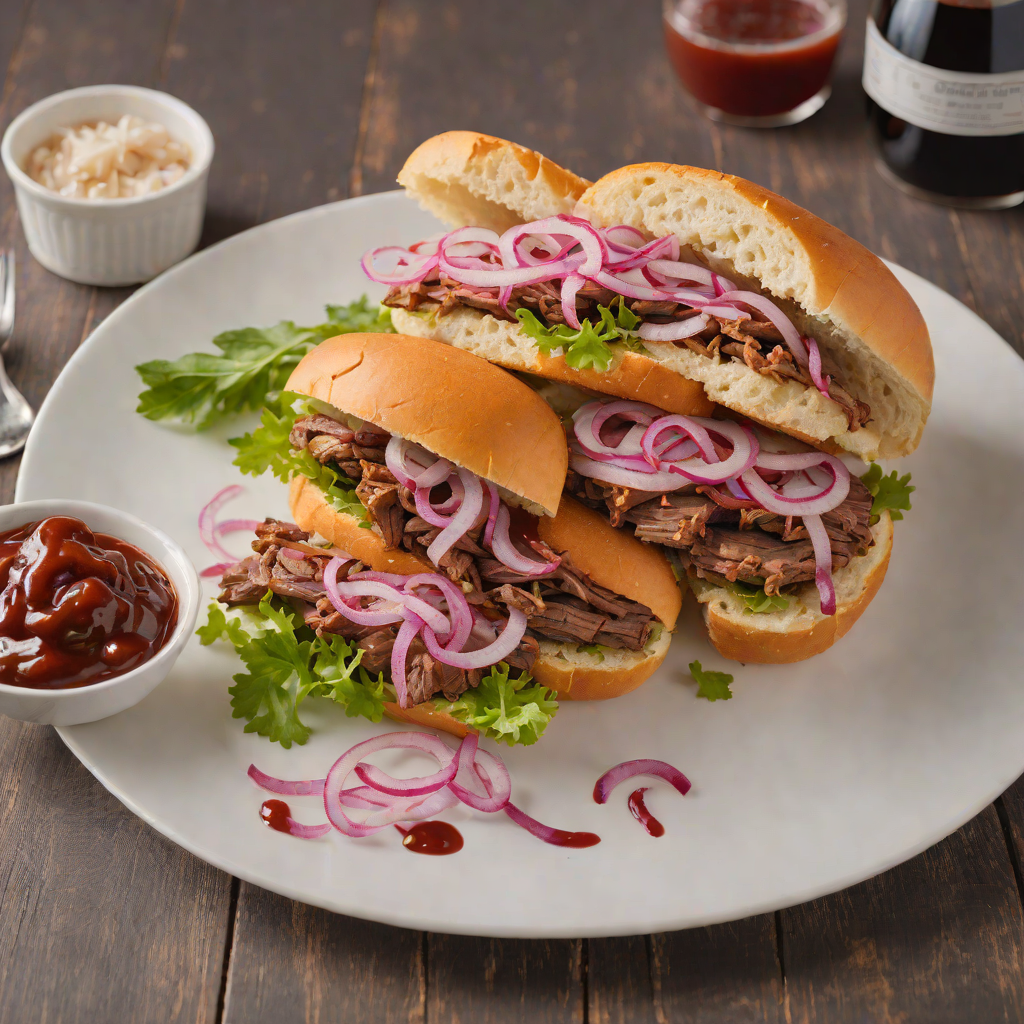 Pit-Smoked Beef Brisket Sandwich with BBQ Sauce and Pickled Onions
