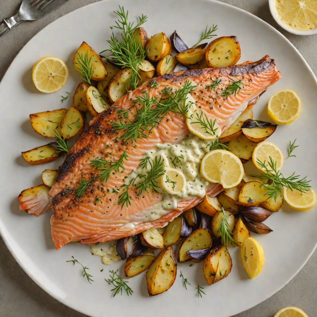 Pan-Seared Trout with Roasted Fingerling Potatoes and Lemon-Dill Sauce