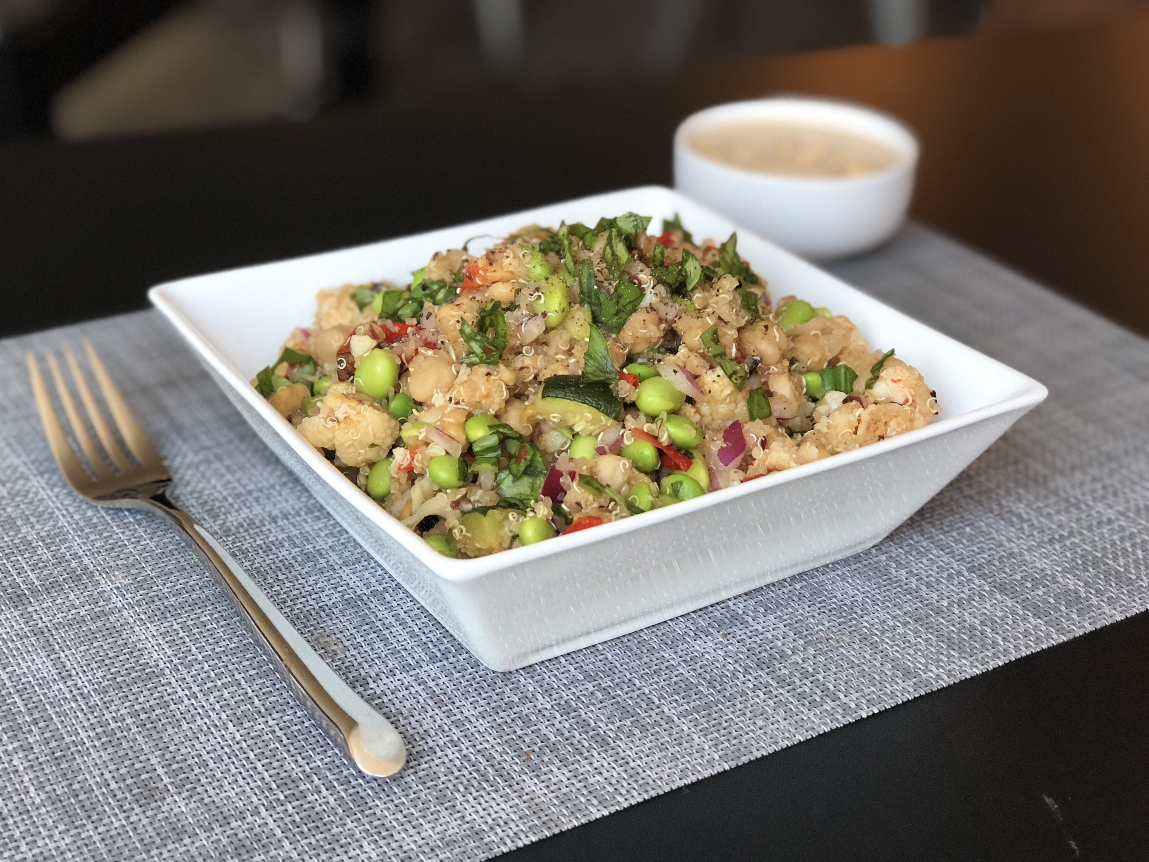 Quinoa Rainbow Salad with Roasted Veggies and Lemon Tahini Dressing