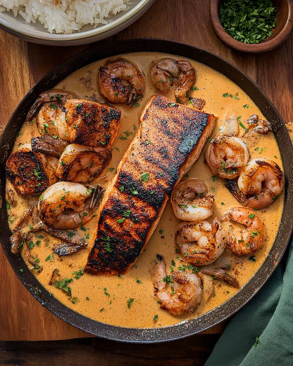 Cajun-Spiced Salmon and Shrimp with Red Bell Pepper Cream Sauce
