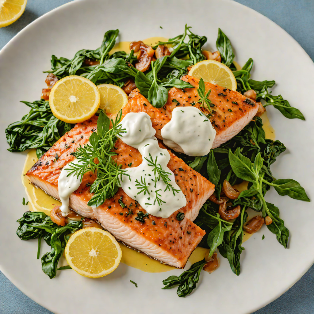 Pan-Fried Salmon with Lemon-Dill Yogurt Sauce and Sautéed Spinach