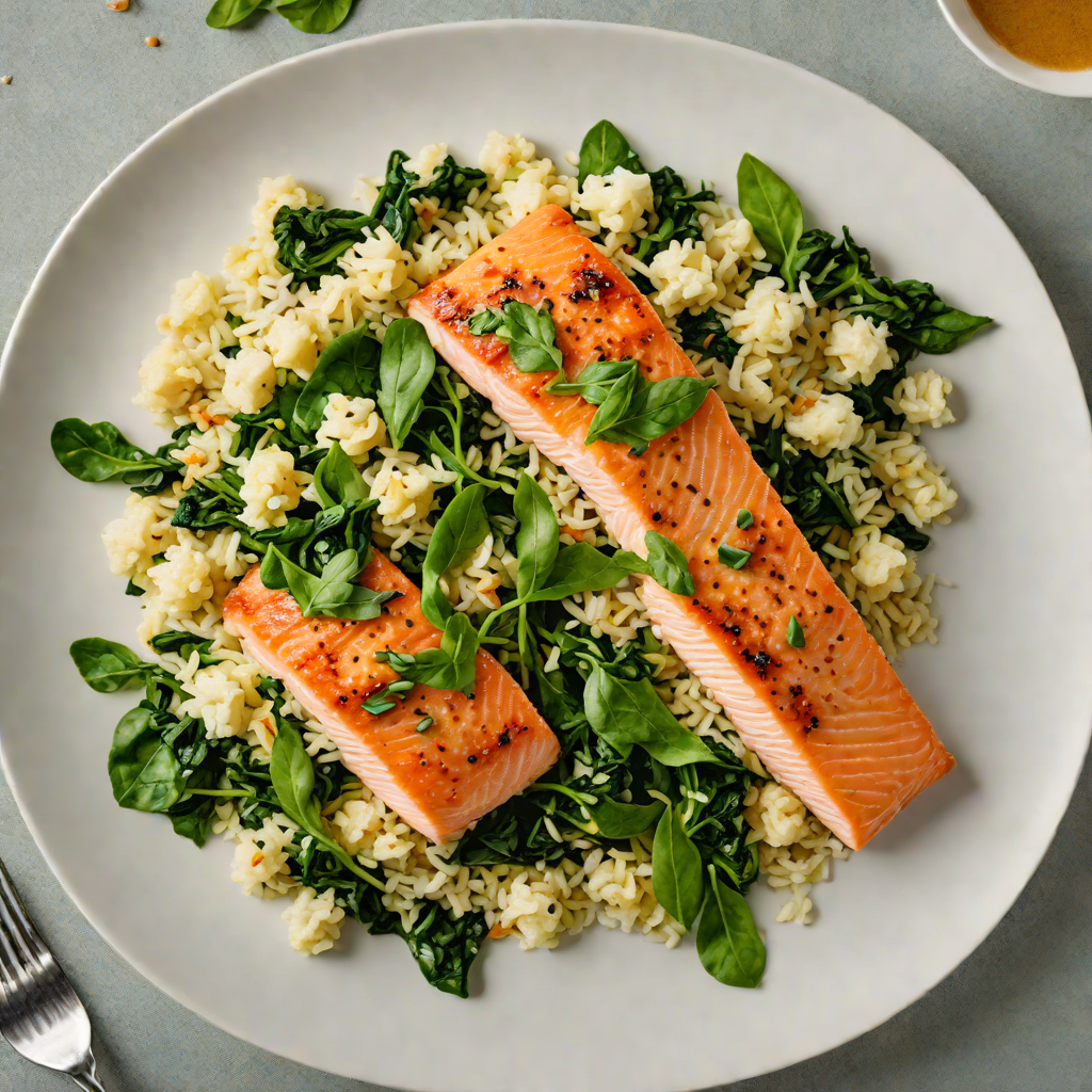Sautéed Ginger Salmon with Garlic Spinach and Cauliflower Rice