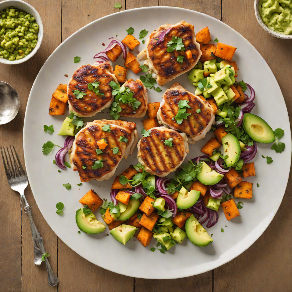 Pan-Seared Chicken Thighs with Roasted Sweet Potatoes and Spiced Avocado Salsa