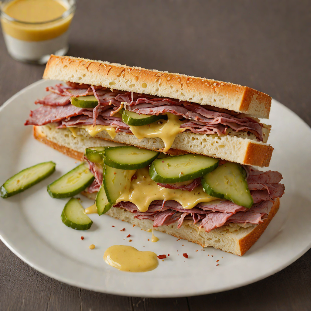 New York Deli-Style Pastrami Sandwich with Mustard and Pickles