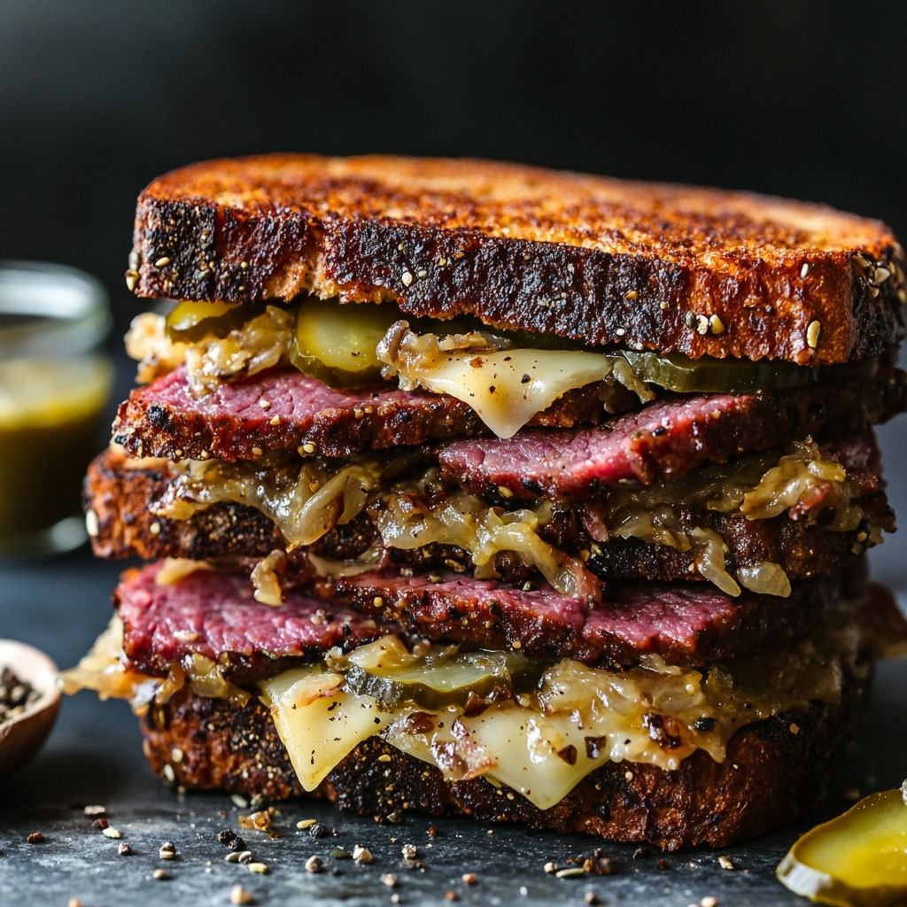 Traditional New York Deli-Style Pastrami Sandwich with Swiss and Pickles