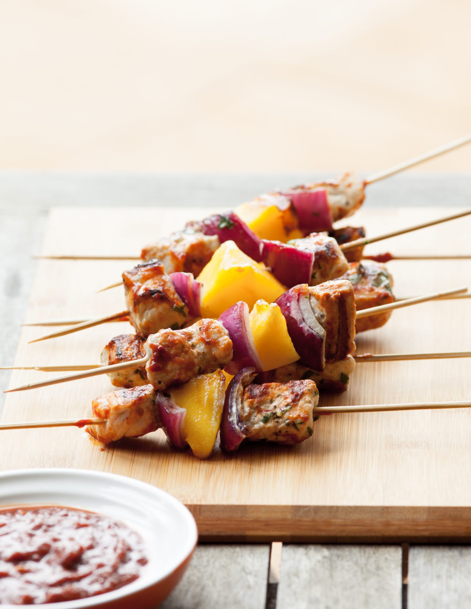 Half-Grilled Pork Skewers with Mango Salsa