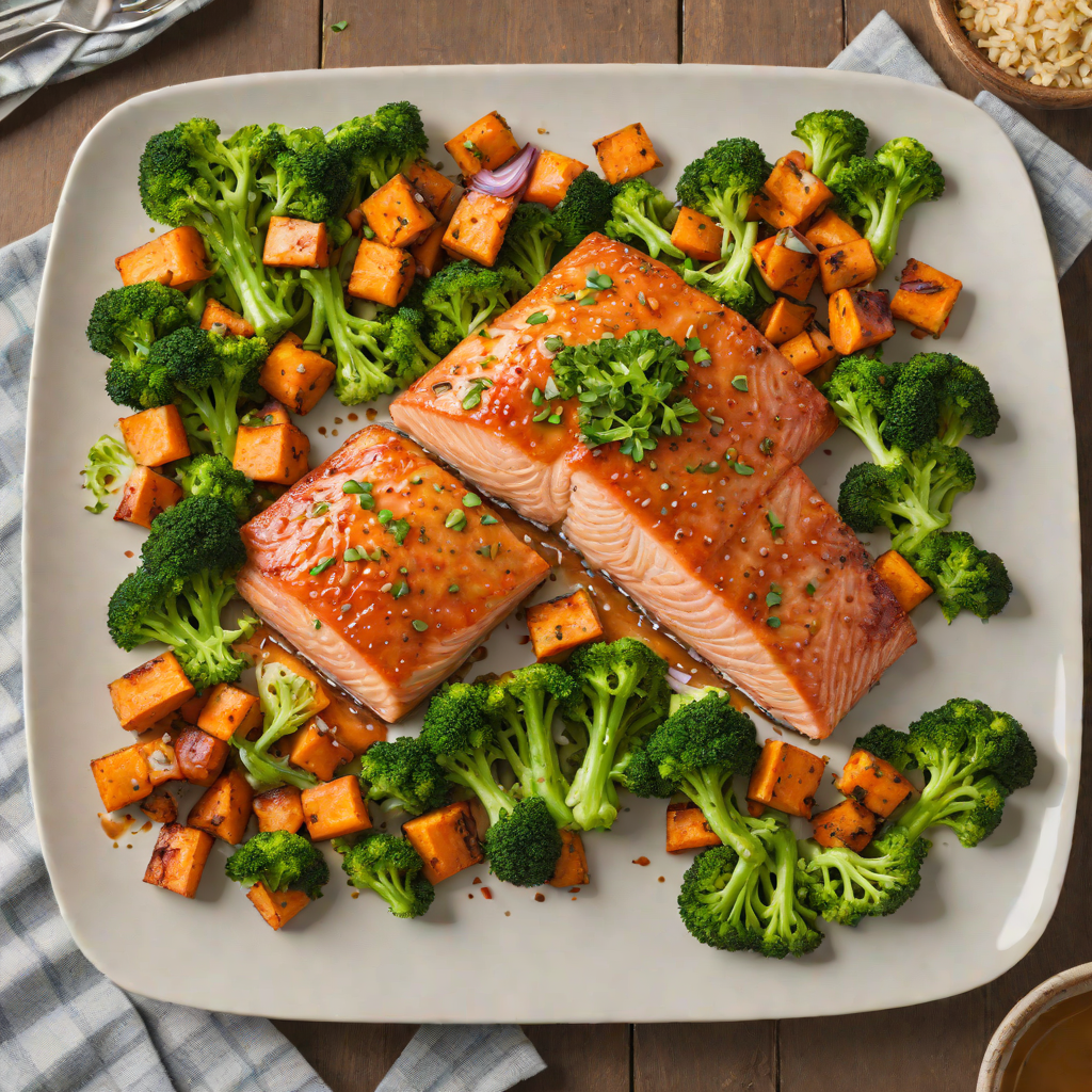 Sheet Pan Maple-Glazed Salmon with Roasted Sweet Potatoes and Broccoli