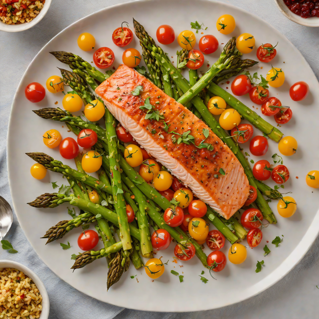 Sheet Pan Harissa-Spiced Salmon with Roasted Asparagus and Cherry Tomatoes