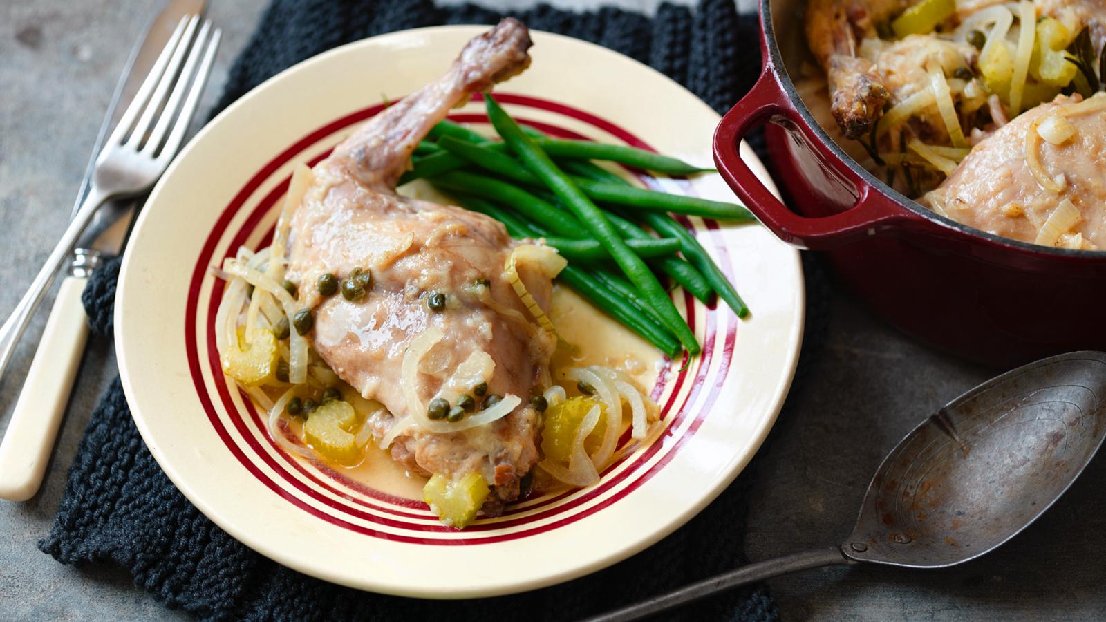 Rabbit Casserole with Pearl Onions and Mushrooms