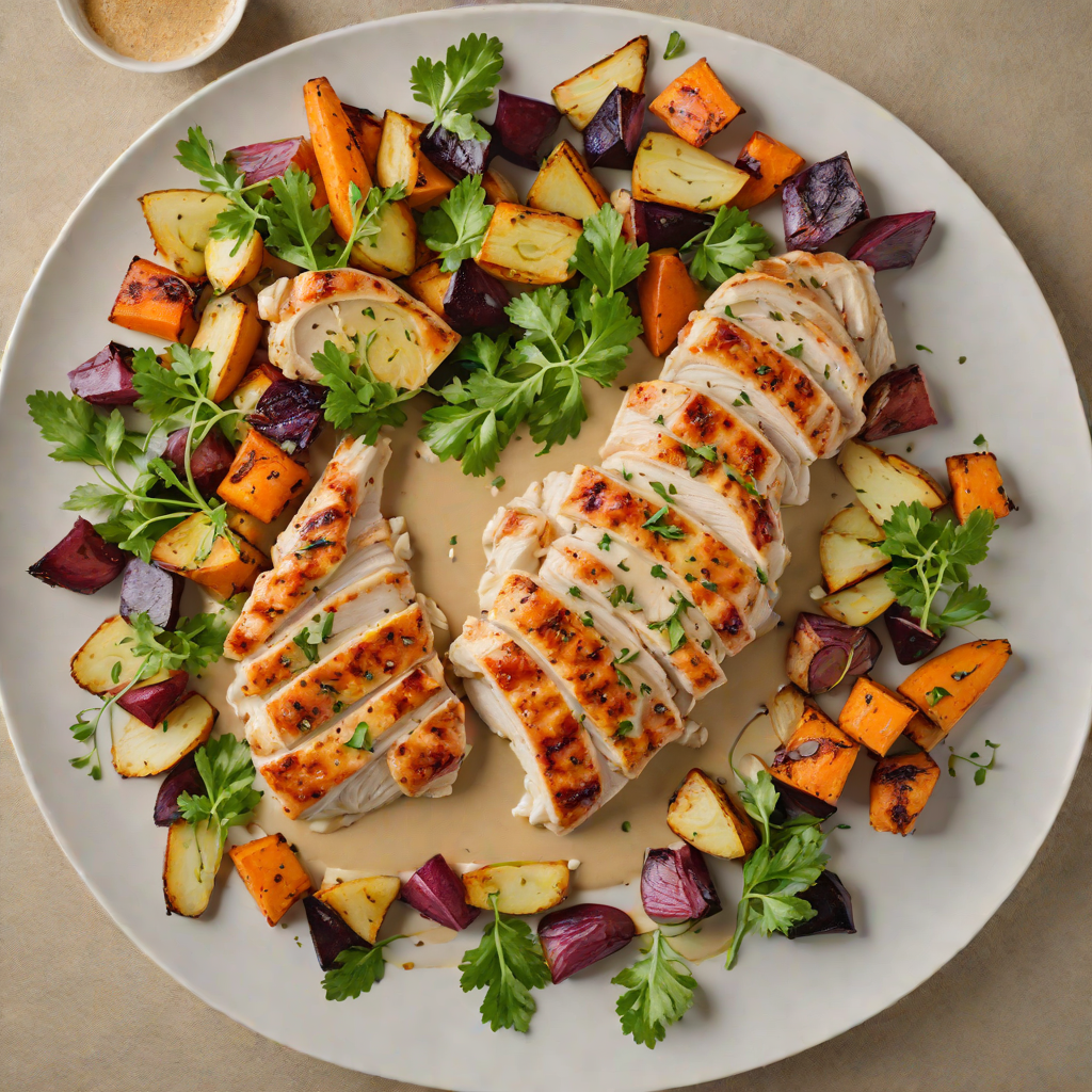 Pan-Seared Chicken with Roasted Root Vegetables and Garlic-Tahini Sauce