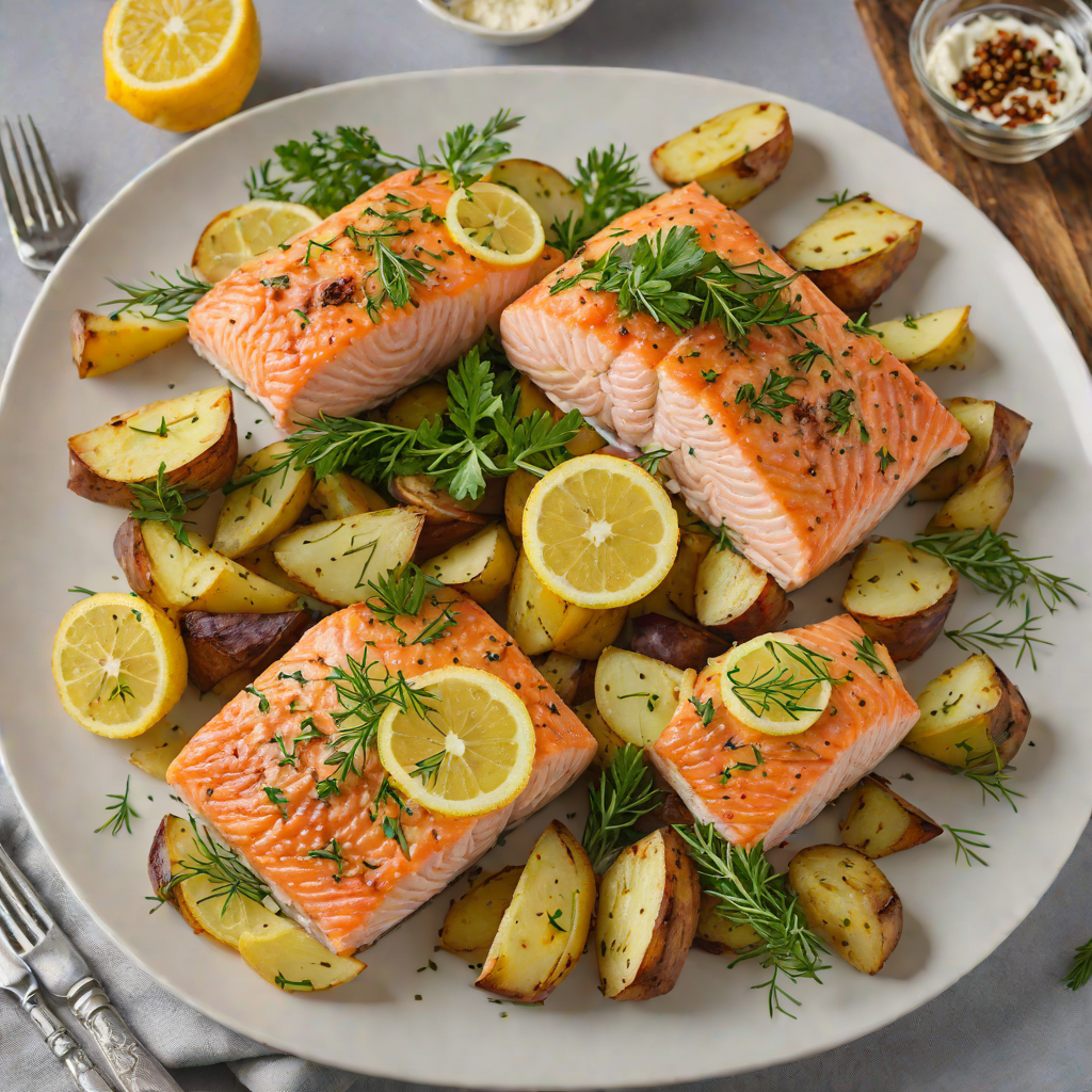 Baked Lemon-Dill Salmon with Garlic Roasted Potatoes