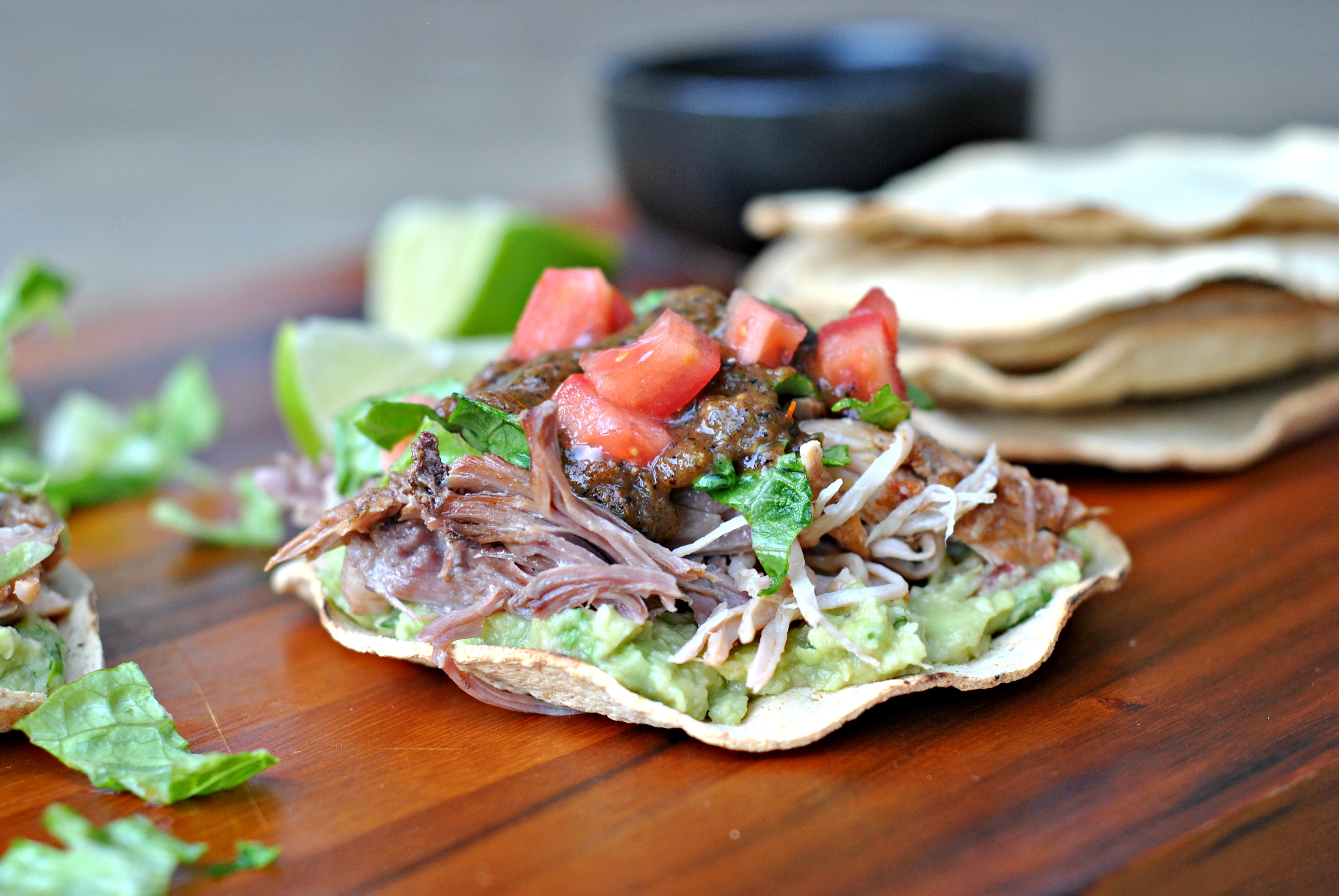 Carnitas Tostadas with Avocado Crema