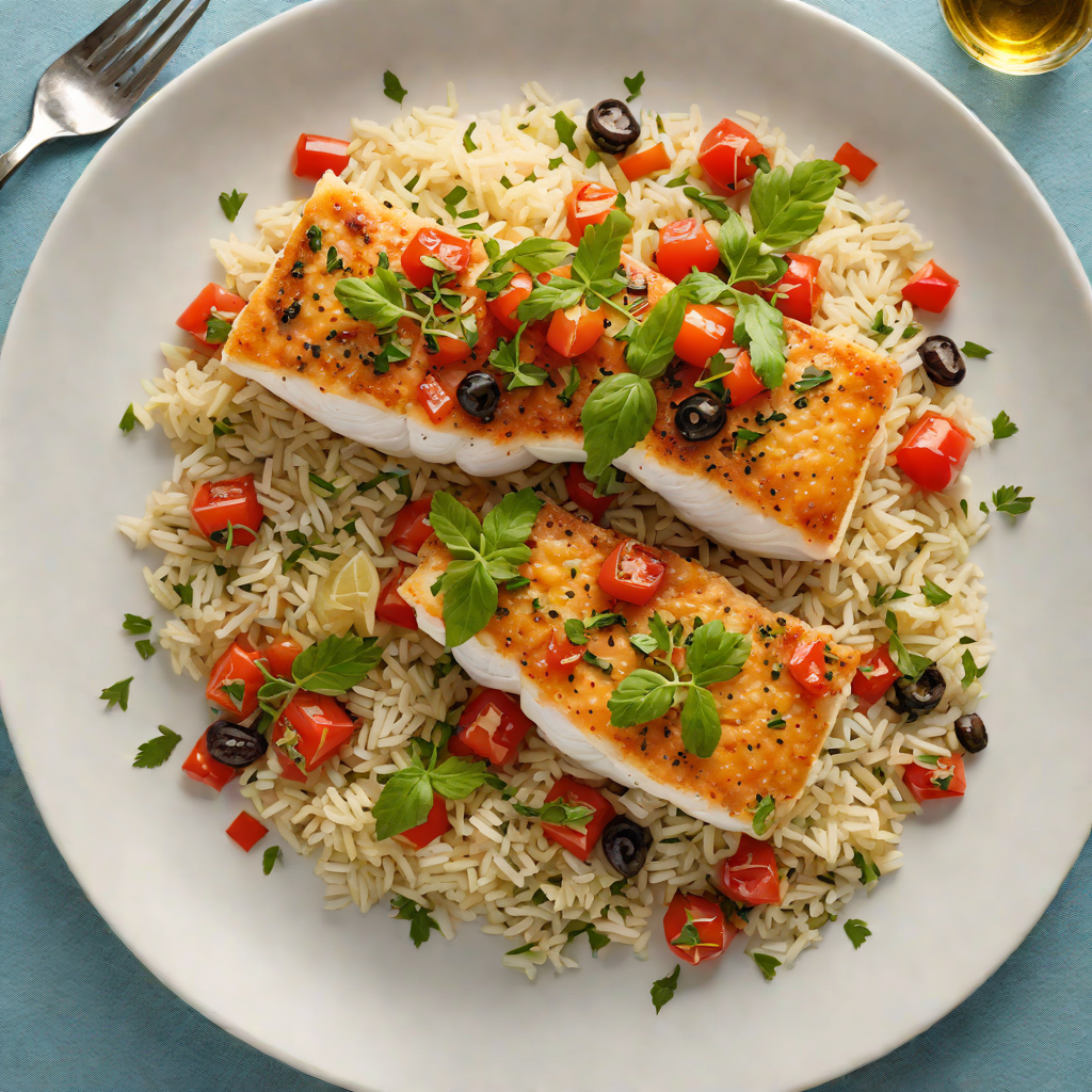 Baked Cod with Tomato-Olive Ragout and Herb Rice