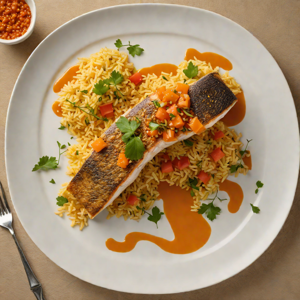 Pan-Seared Sea Bass with Saffron-Infused Rice and Romesco Sauce