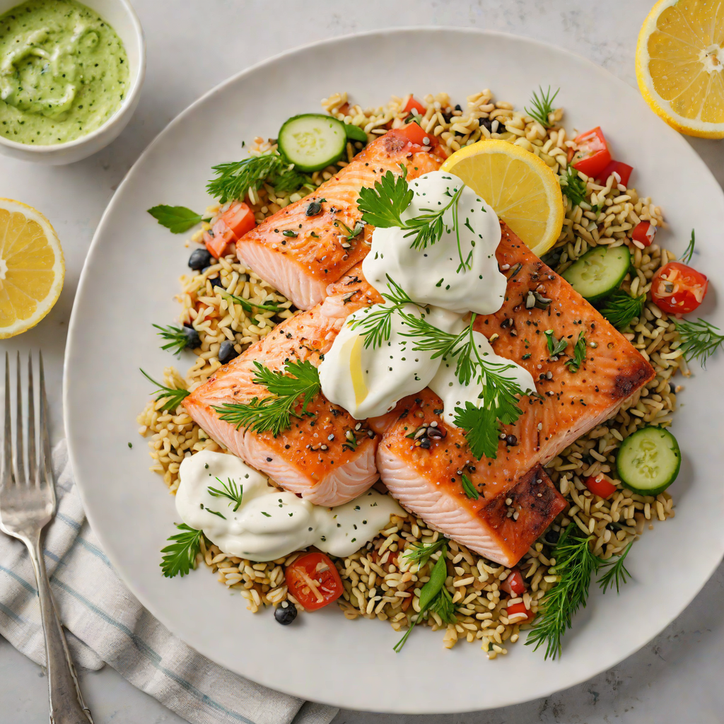 Pan-Roasted Salmon with Lemon-Dill Yogurt and Quinoa Salad