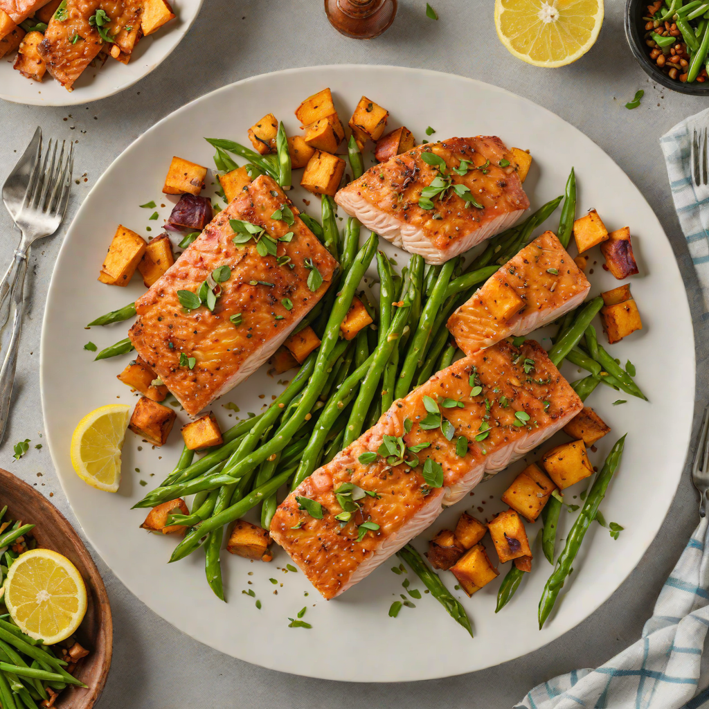 Sheet Pan Cajun-Spiced Salmon with Roasted Sweet Potatoes and Green Beans
