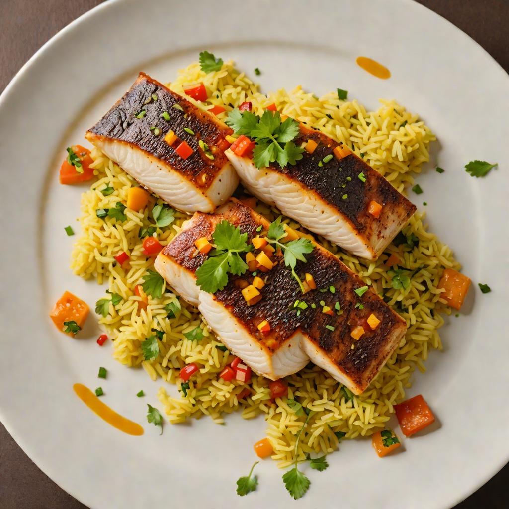 Pan-Seared Sea Bass with Sofrito and Saffron Rice
