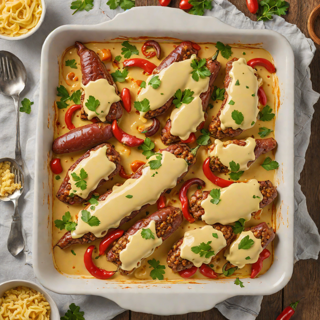 Sheet Pan Hot Pepper and Sausage Bake with Cheese Sauce