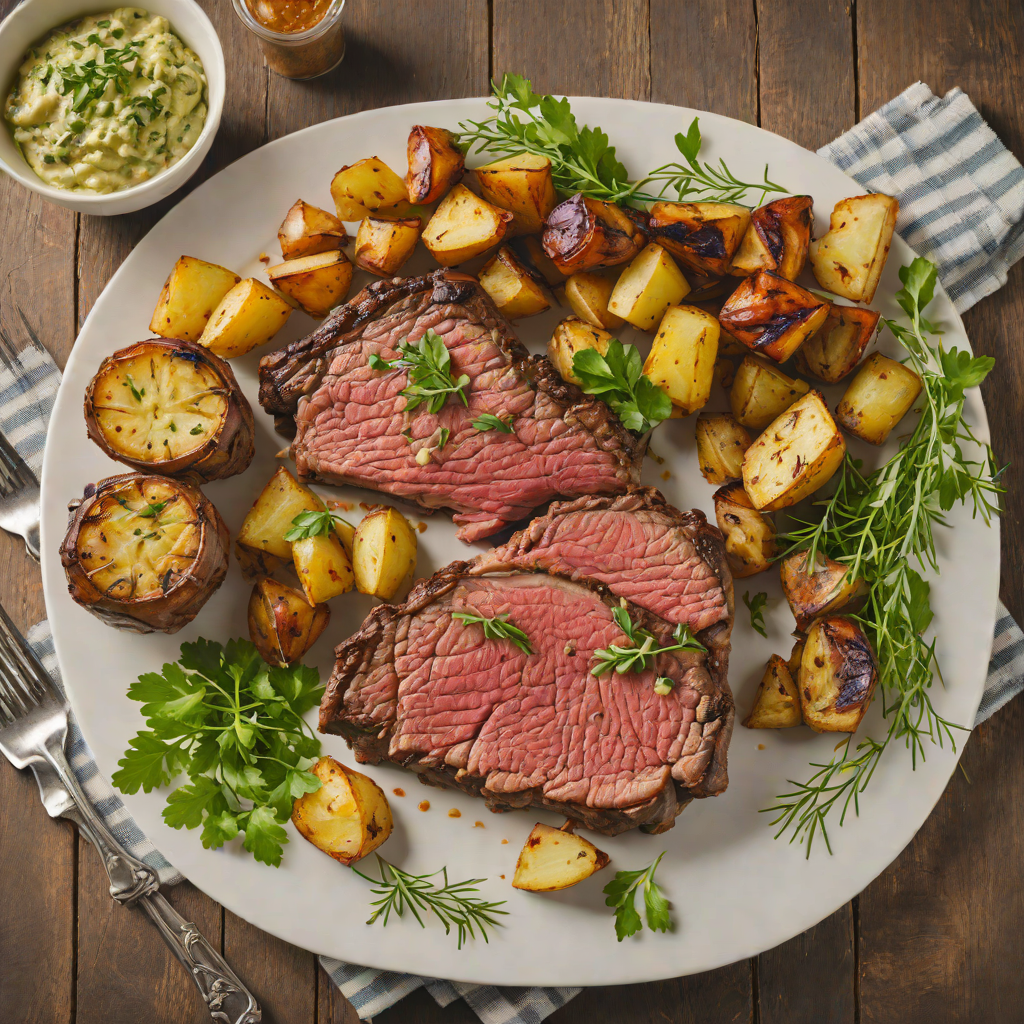 Grilled Herb-Butter Ribeye with Garlic Roasted Potatoes