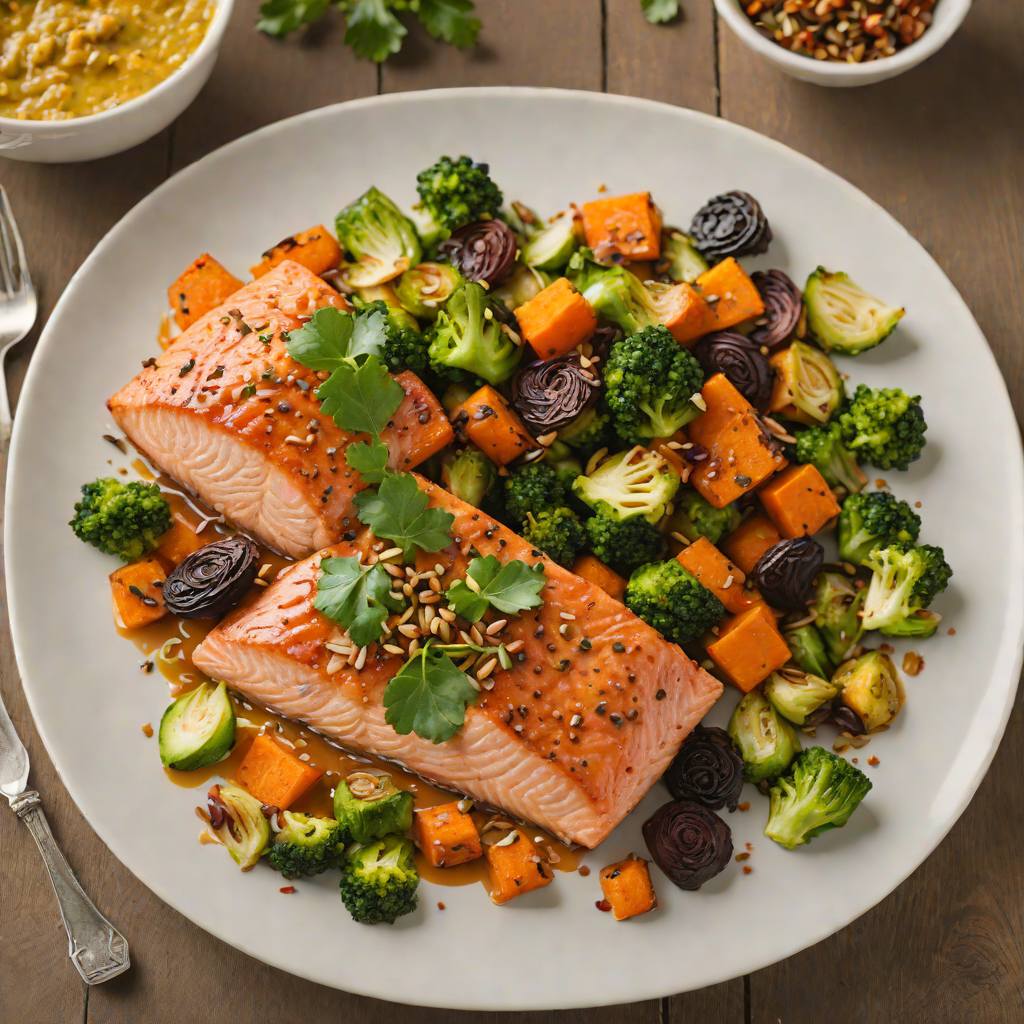 Maple-Mustard Glazed Salmon with Roasted Sweet Potato and Brussels Sprouts