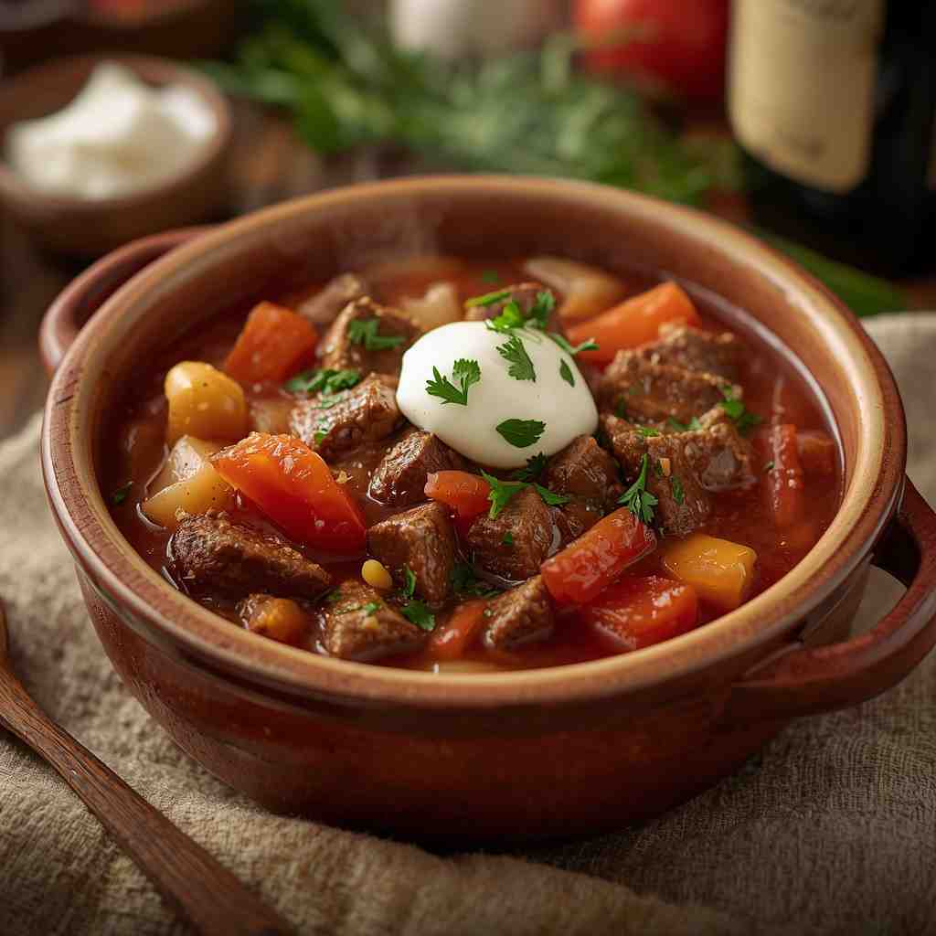 Slow-Cooked Ukrainian Beef Goulash with Paprika and Onions
