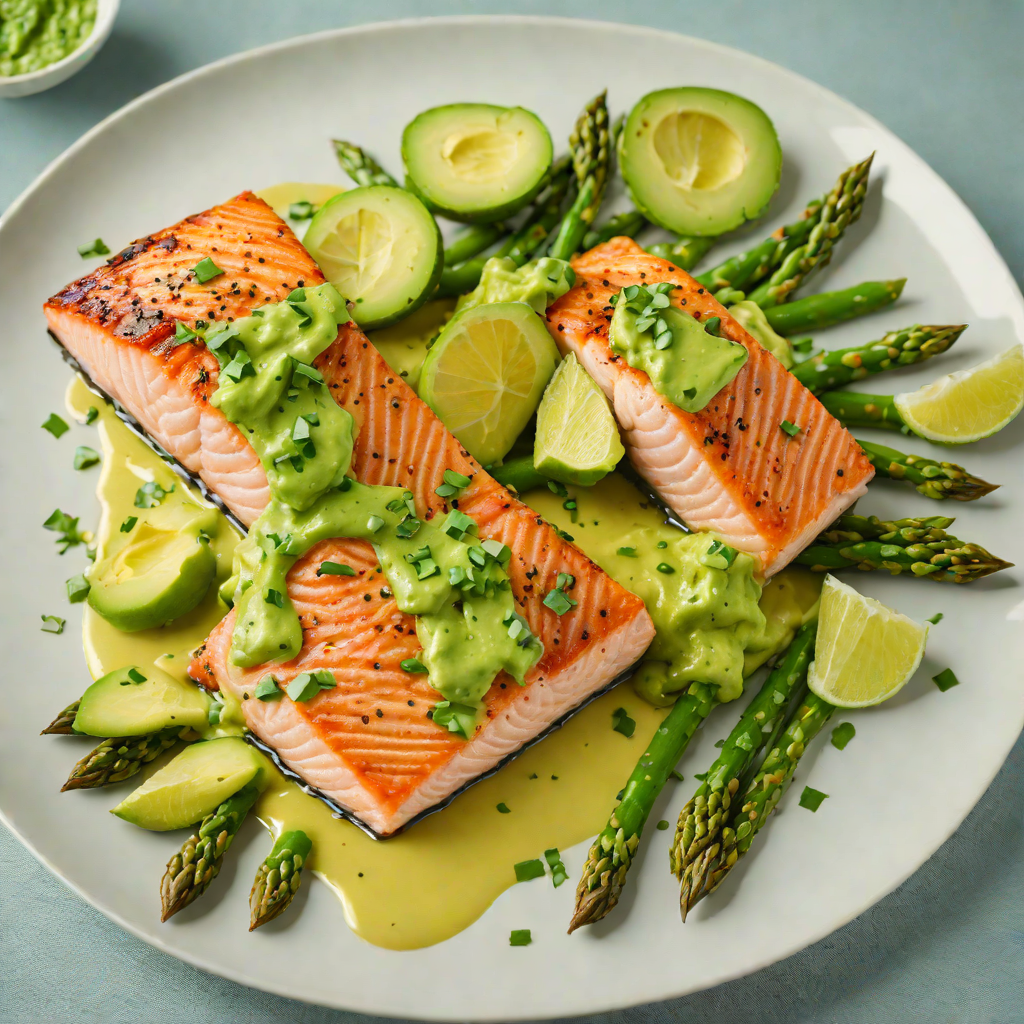 Pan-Seared Salmon with Avocado-Cilantro Sauce and Asparagus