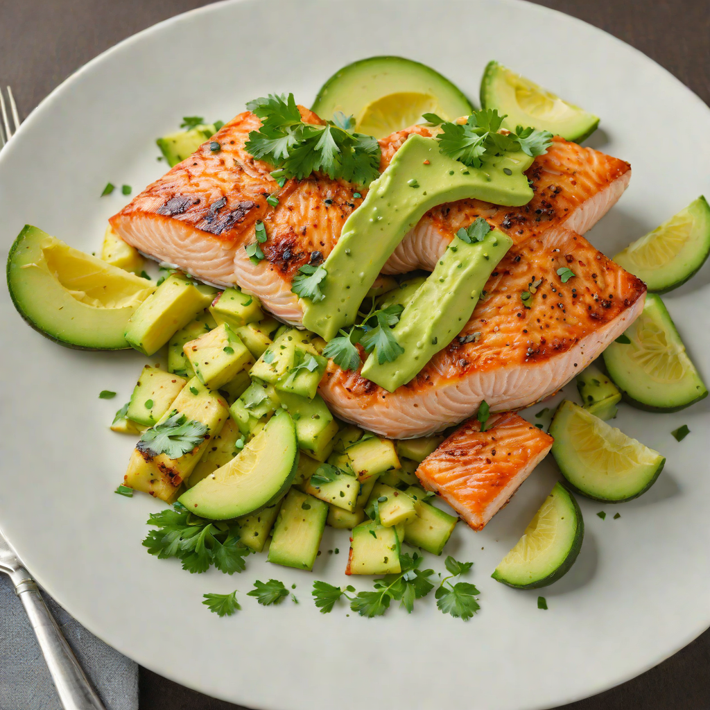 Pan-Seared Salmon with Avocado Cilantro Sauce and Sautéed Zucchini