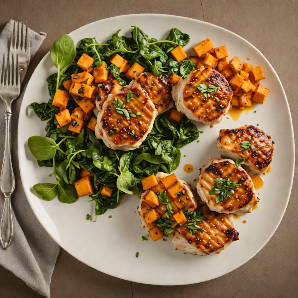 Pan-Seared Chicken Thighs with Roasted Sweet Potato and Sauteed Spinach