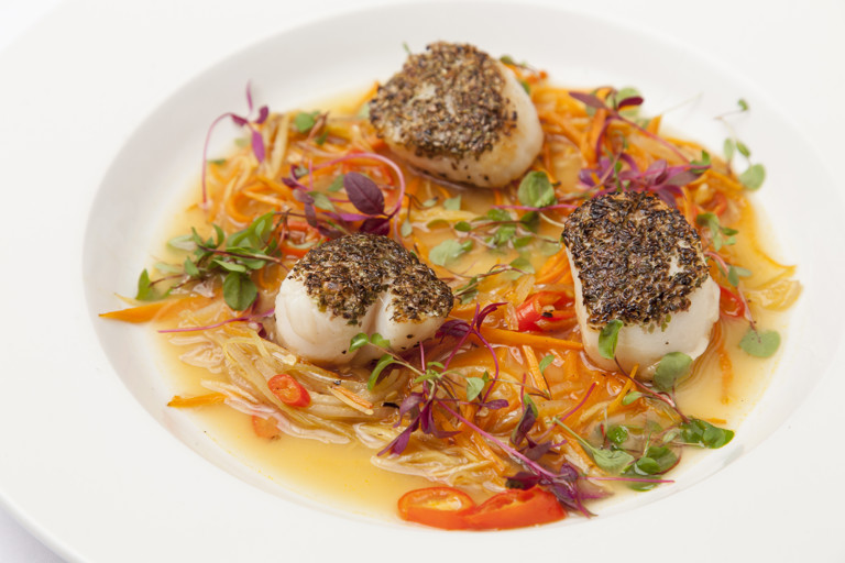 Miso-Marinated Scallops with Edamame and Seaweed
