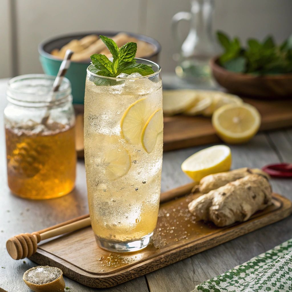 Ginger-Lime Sparkler with Honey and Fresh Herbs
