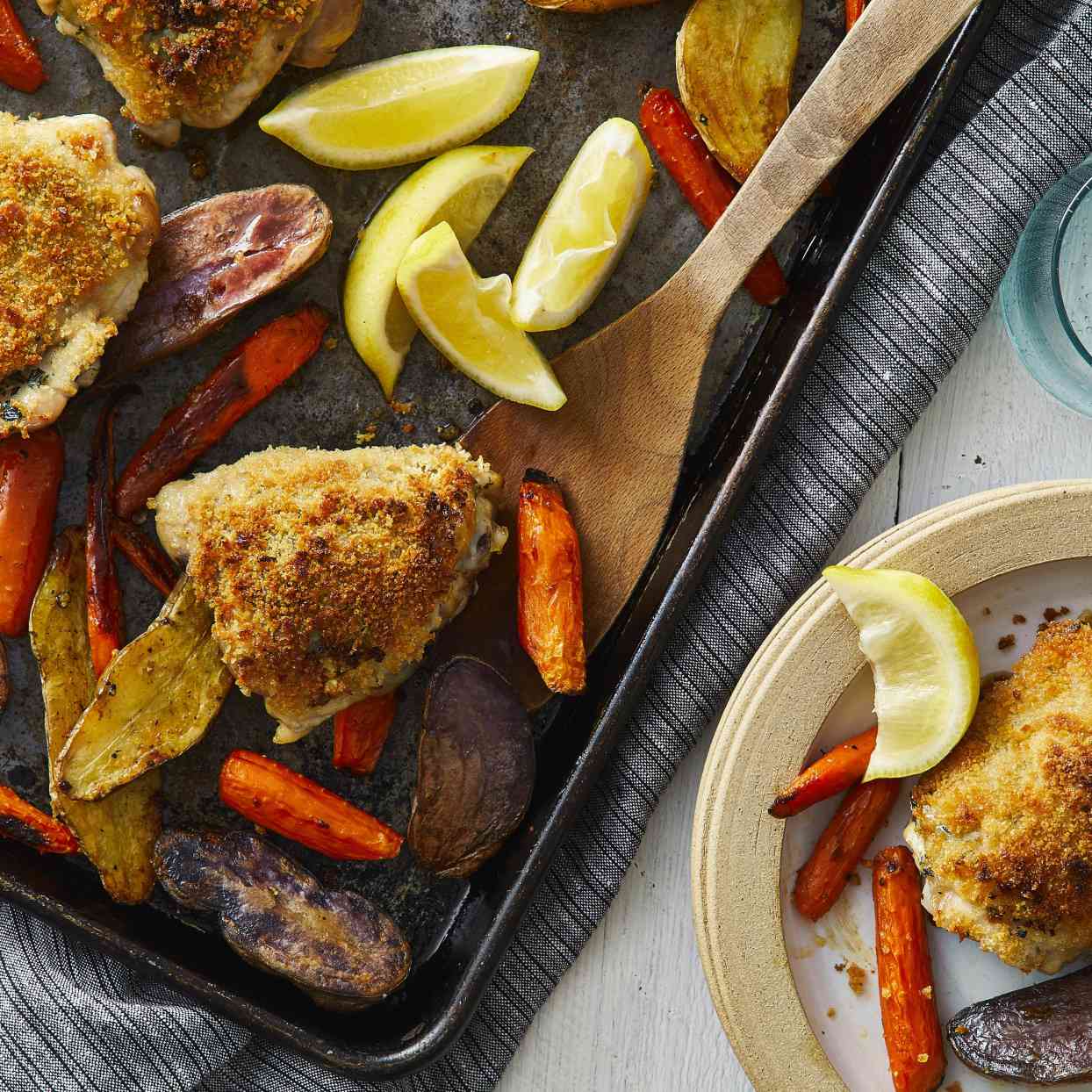 Lemon-Herb Chicken Thighs with Crispy Asparagus & Garlic Mashed Potatoes