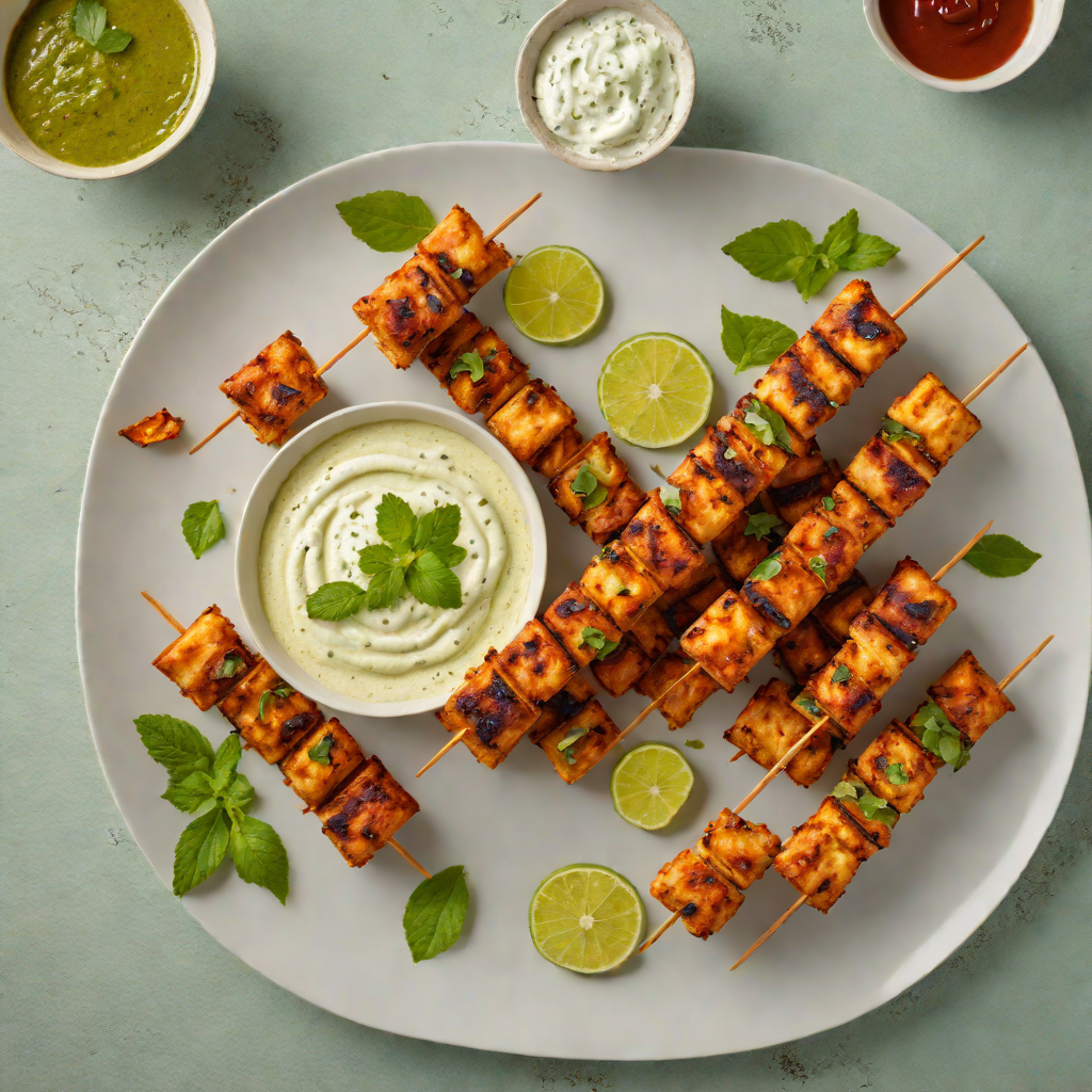 Grilled Tandoori-Spiced Paneer Skewers with Mint Yogurt Dip