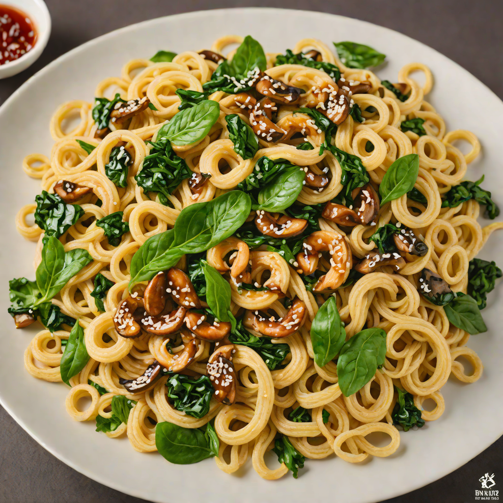 Vegetarian Stir-Fried Udon Noodles with Mushrooms and Spinach