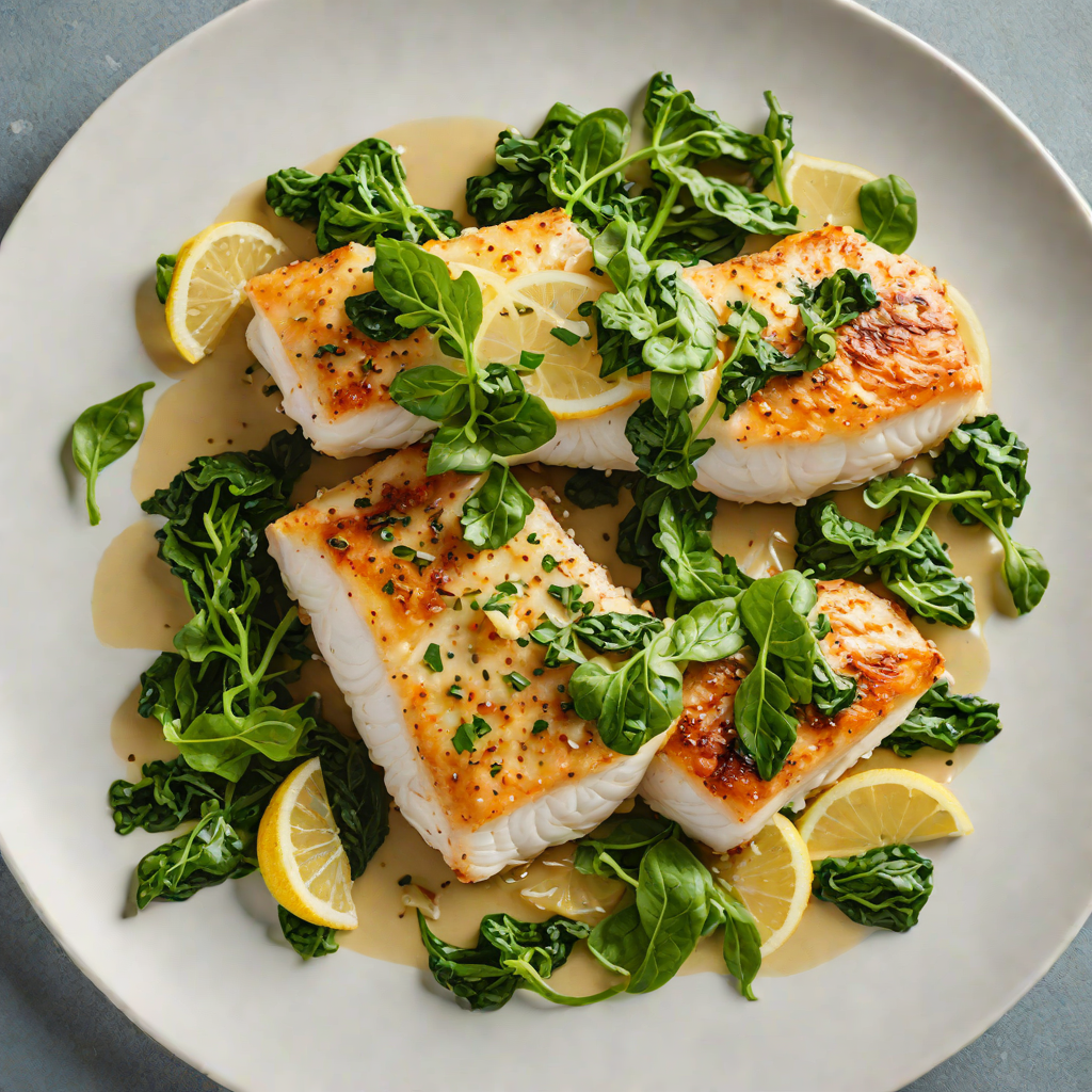 Pan-Fried Cod with Lemon Garlic Sauce and Wilted Spinach