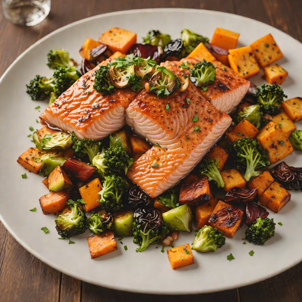 Maple-Glazed Salmon with Roasted Brussels Sprouts and Sweet Potatoes