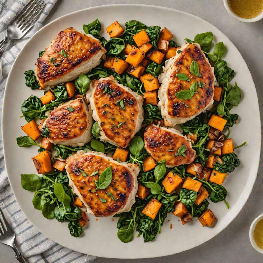 Skillet-Seared Chicken Thighs with Roasted Sweet Potato and Garlic Spinach