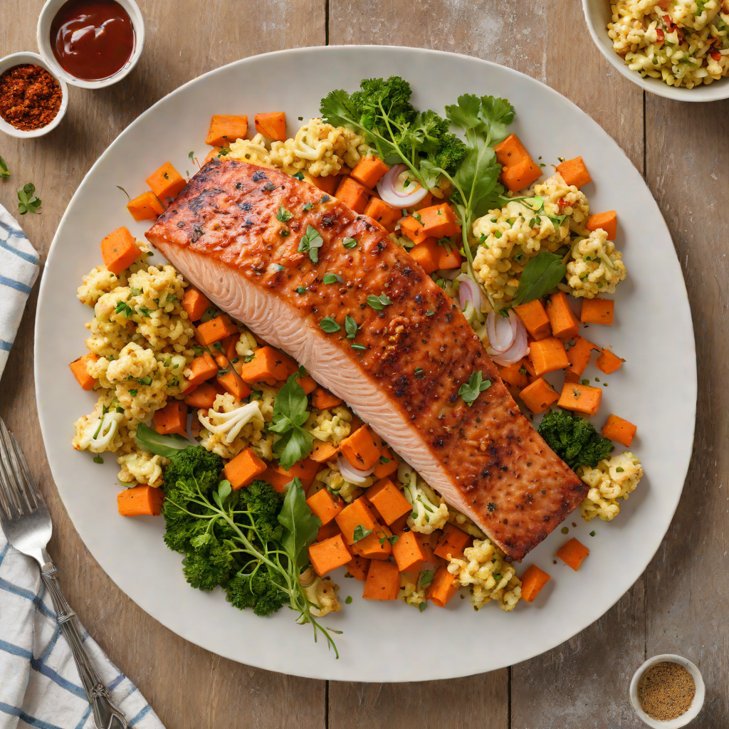 Sheet Pan Harissa-Spiced Salmon with Roasted Cauliflower and Carrots