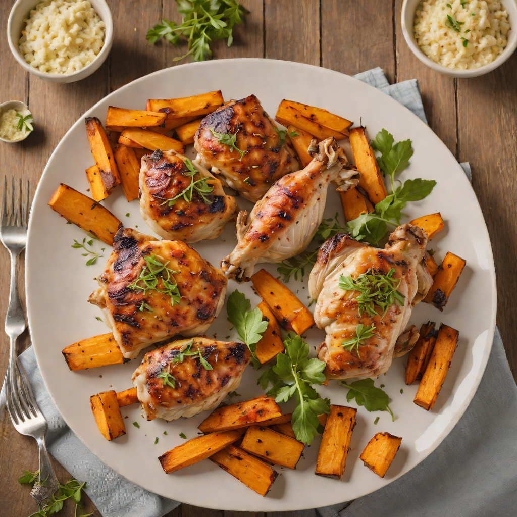 Garlic-Roasted Chicken Thighs with Sweet Potato Wedges