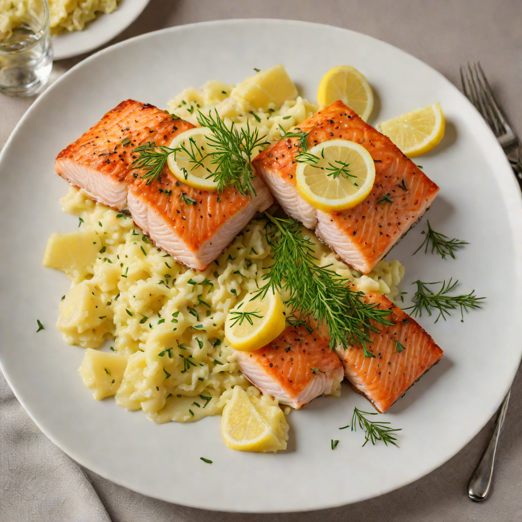 Pan-Fried Salmon with Lemon-Dill Sauce and Garlic Mashed Potatoes